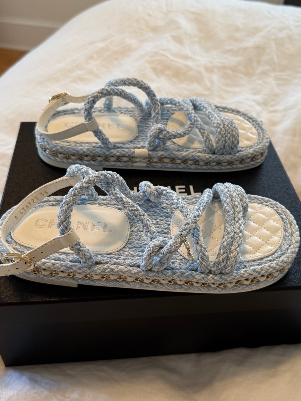 CHANEL Light Blue & White Braided Rope Sandals - Picture 2 of 13